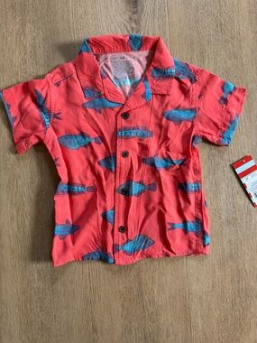 Cat & Jack Coral Button-Up Shirt with Blue Fish Print